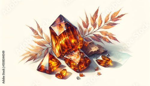 Amber crystals. Illustration of the gemstone hessonite in watercolor style. A natural mineral.