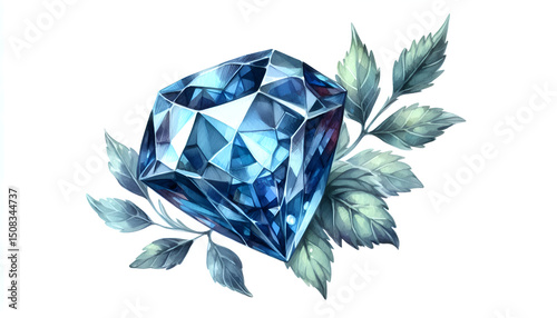 A sapphire crystal. Illustration of the topaz gemstone in watercolor style. A natural mineral.