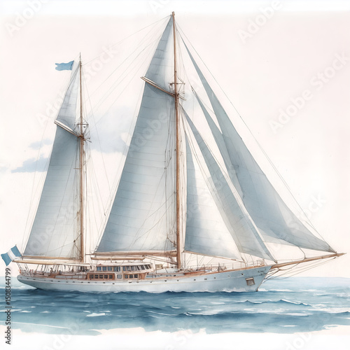 The yacht is traveling by sea. Illustration of a boat with broken sails