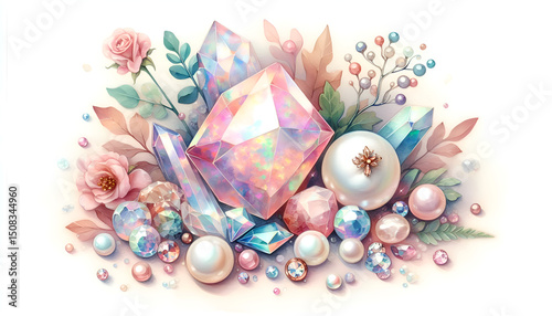 Precious stones in watercolor style. Natural minerals. Set of opal crystals and pearls. Opals and pearls