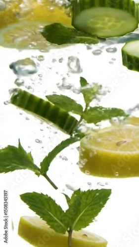  Slices of Lemon, Cucumber, and Mint Floating Underwater with Bubbles
