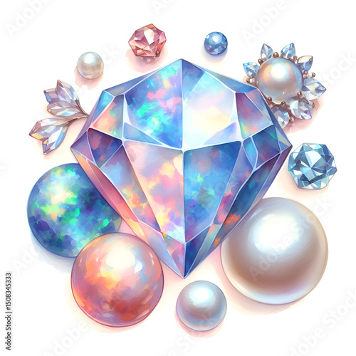 Precious stones in watercolor style. Natural minerals. Set of opal crystals and pearls