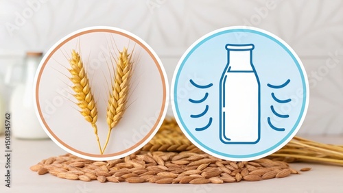 Wheat and a milk bottle icon highlight common food allergens, placed on a table with grains and a milk bottle in the background.