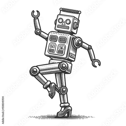 robot dancing joyfully and flashing a peace sign, symbolizing fun, technology, and playful energy sketch engraving generative ai vector illustration. Scratch board imitation. Black and white image.