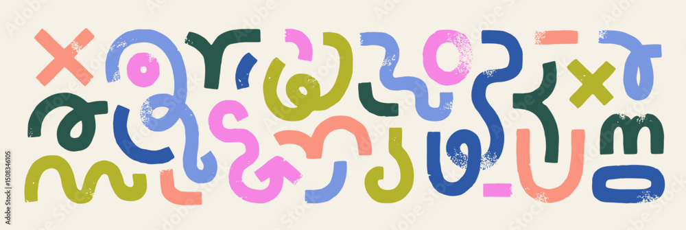 Doodle swirled shapes, brushstroke curves set. Abstract scribbles, quirky swirls, curvy wavy lines, curled strokes, forms, waves in modern style. Flat vector illustration isolated on white background.