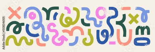 Doodle swirled shapes, brushstroke curves set. Abstract scribbles, quirky swirls, curvy wavy lines, curled strokes, forms, waves in modern style. Flat vector illustration isolated on white background.