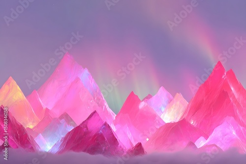 Vibrant mountain peaks under northern lights digital art fantasy landscape serenity wide angle nature's beauty