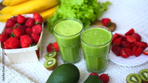 Colorful green smoothie ingredients, including bananas, strawberries, lettuce, kiwi, and avocado, arranged on white knitted surface with prepared smoothie glasses