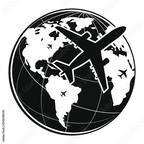 Airplane flying around the world. Vector illustration on white background.