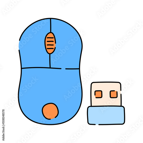 Wireless Mouse with USB dongle Doodle style, simple wireless mouse icon, useful for UI design, and digital workspace themes.