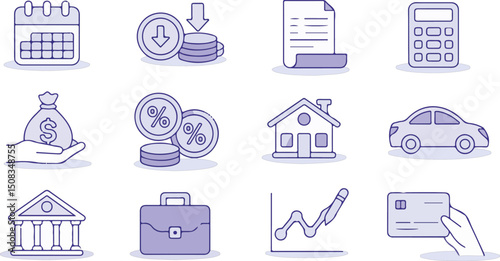 Loan interest rate doodle icon set. Hand drawn sketch doodle line style bank money loan interest rate icon for house, car discount percentage concept. Trendy cute element. Vector illustration