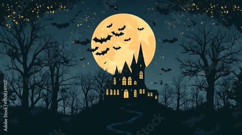 Silhouetted gothic castle at night under a full moon.