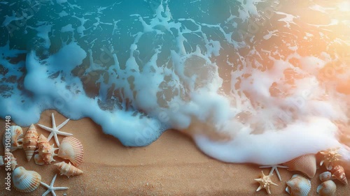Summer beach scene with seashells and sand as a background
