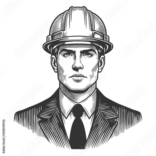 Businessman builder developer in hard hat, professional blend of business and construction expertise sketch engraving generative ai vector illustration. Scratch board. Black and white image.