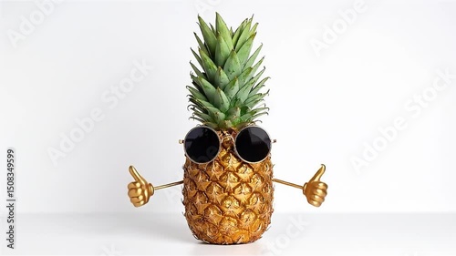 Happy cartoon pineapple character with arms raised in celebration against a soft background