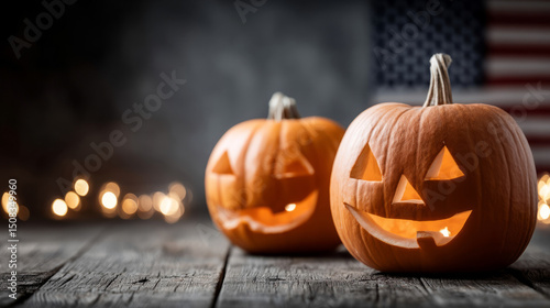 Cheerful jack-o'-lanterns grin under a bewitching glow, celebrating Samhain and eerie All Hallows' Eve traditions photo