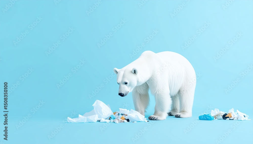 Fototapeta premium Polar bear scavenging through scattered trash on a light blue background highlighting environmental issues and wildlife interaction with pollution