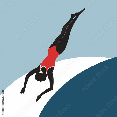 Female diver in red swimsuit gracefully diving into the pool from the edge in a minimalist design