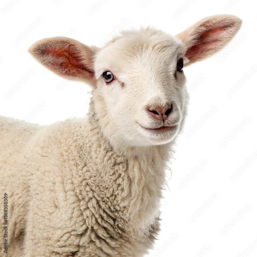 Fototapeta premium adorable young sheep lamb head portrait white background farm animal livestock cute wooly face closeup 