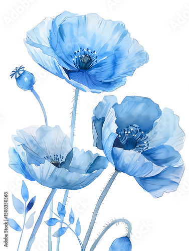 Watercolor Blue Poppy Isolated on White Background. Beautiful Poppy Flower