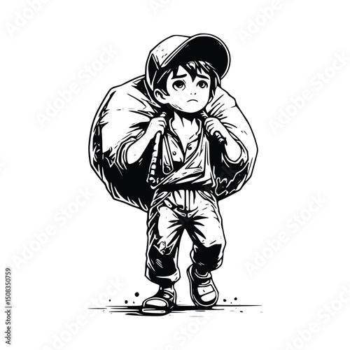 Vector art of Cartoon illustration of a boy carrying a heavy sack, isolated on white background