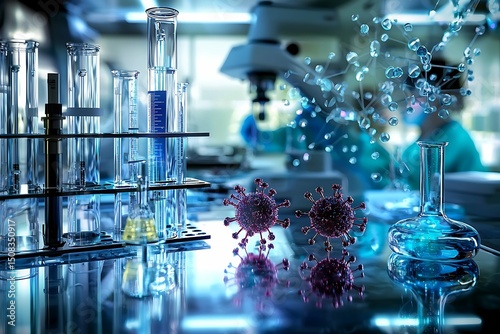 This image features advanced lab equipment and researchers illustrating innovative drug delivery systems using nanoscale particles in nanotechnology medical applications.