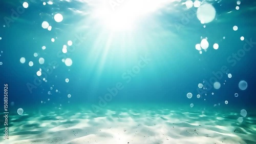 Realistic sandy underwater scene with light rays. Turquoise decorative background, animated illustration.