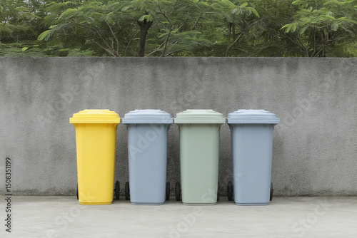 Serene symphony of colored bins, urban tidiness dance, Earth Day reflection, harmonious waste management, quiet sustainability chorus