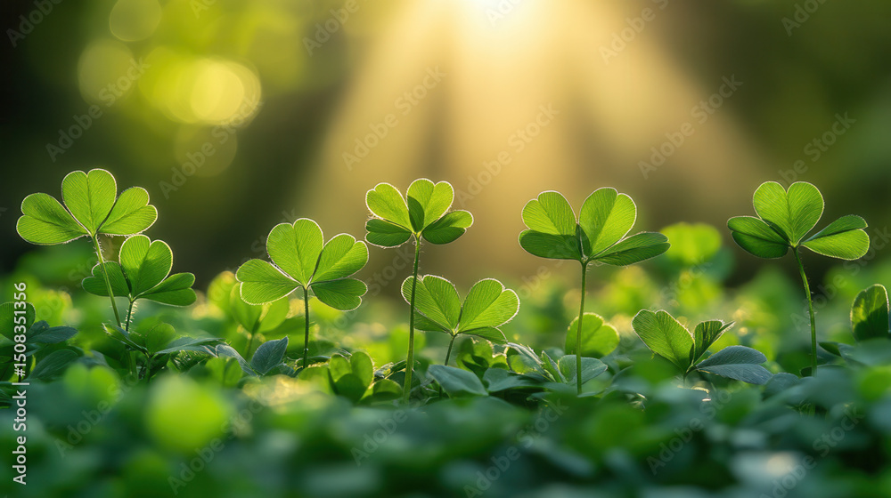 Obraz premium Close-up of vibrant clover leaves on a soft green blurred background 