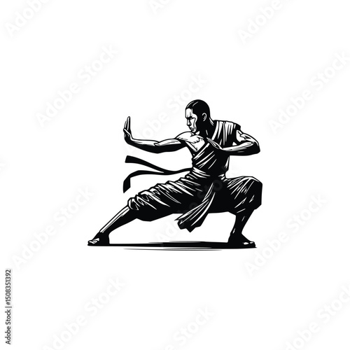 Vector art of Shaolin monk in fighting stance isolated on white background
