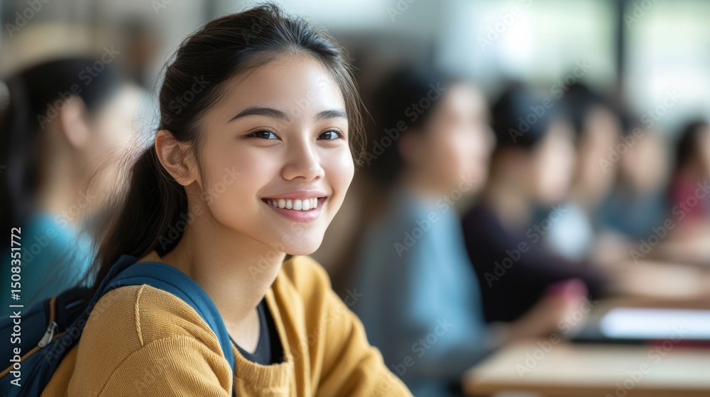 Young female student smiles brightly in classroom setting, showcasing positive and engaging atmosphere. Her casual attire and backpack suggest relaxed learning environment Young female student smiles brightly in classroom setting, showcasing positive and engaging atmosphere. Her casual attire and backpack suggest relaxed learning environment