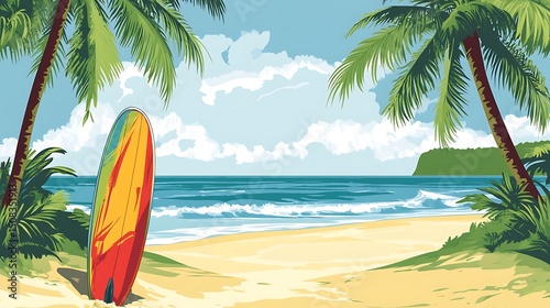 Colorful beach scene with a surfboard.