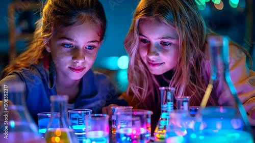 children conducting colorful liquid experiments in laboratory glassware concept of science education, STEM learning, child development photo