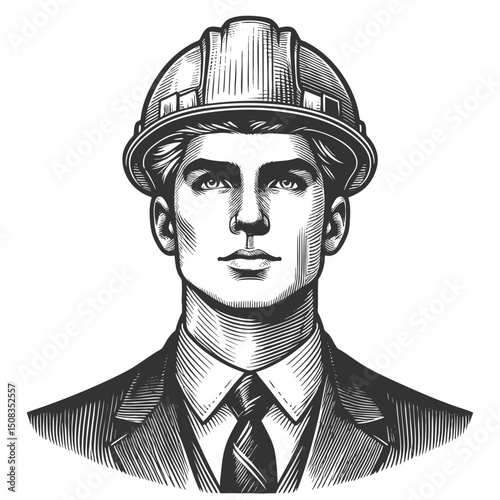 Businessman builder developer in hard hat, professional blend of business and construction expertise sketch engraving generative ai vector illustration. Scratch board. Black and white image.