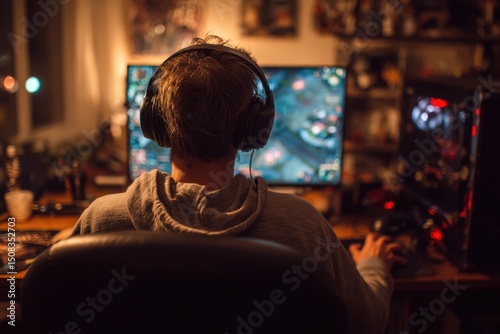 Gamer playing video game wearing headphones in a dark room