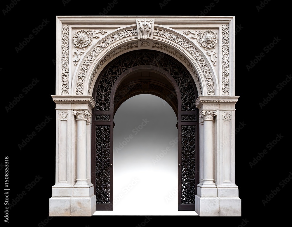 Obraz premium Ornate stone archway with dark wood double doors, isolated on black