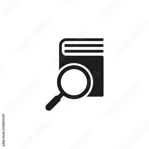 Book with magnifying glass icon. Vector illustration on white background.