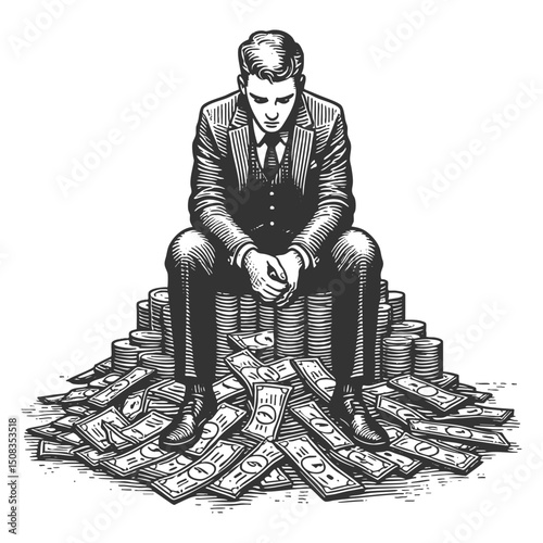pensive businessman sitting atop stacks of cash, symbolizing wealth, greed, or reflective success sketch engraving generative ai vector illustration. Scratch board imitation. Black and white image.