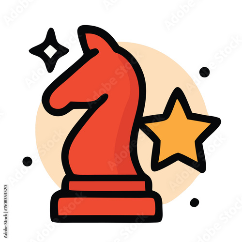 Red chess knight with a star behind it. Suitable for concepts related to strategy, success, leadership, and competition in various creative projects.