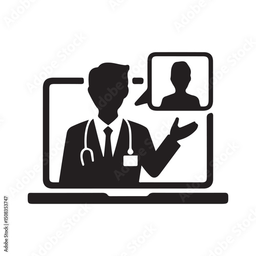 Telemedicine or telehealth virtual visit video visit with male doctor on laptop computer flat vector icon for healthcare apps and websites. Vector black silhouette. with white background