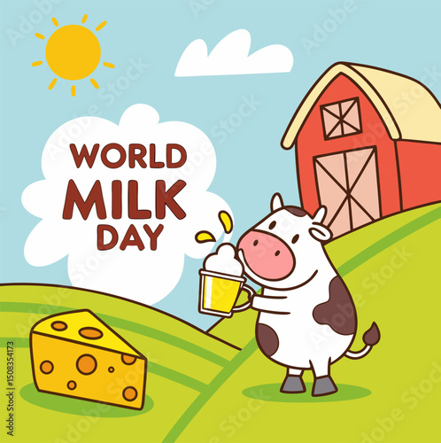 World Milk Day Cartoon with Cow and Cheese
