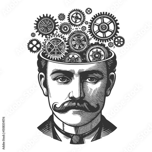 man profile with gears, tools, lightbulb symbolizing innovation and creativity sketch engraving generative ai fictional character vector illustration. Scratch board imitation. Black and white image.