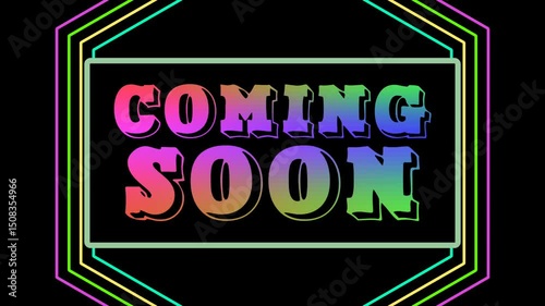 Pop up COMING SOON text with flashing colorful hexagonal line animation background