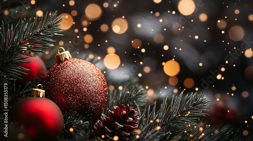 Close up of christmas tree branch with red ornaments and pine cone against bokeh lights background