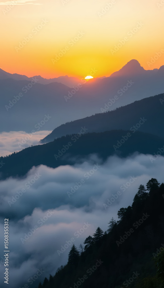 Fototapeta premium Golden Sunrise Over Misty Mountain Layers and Scenic Valleys View