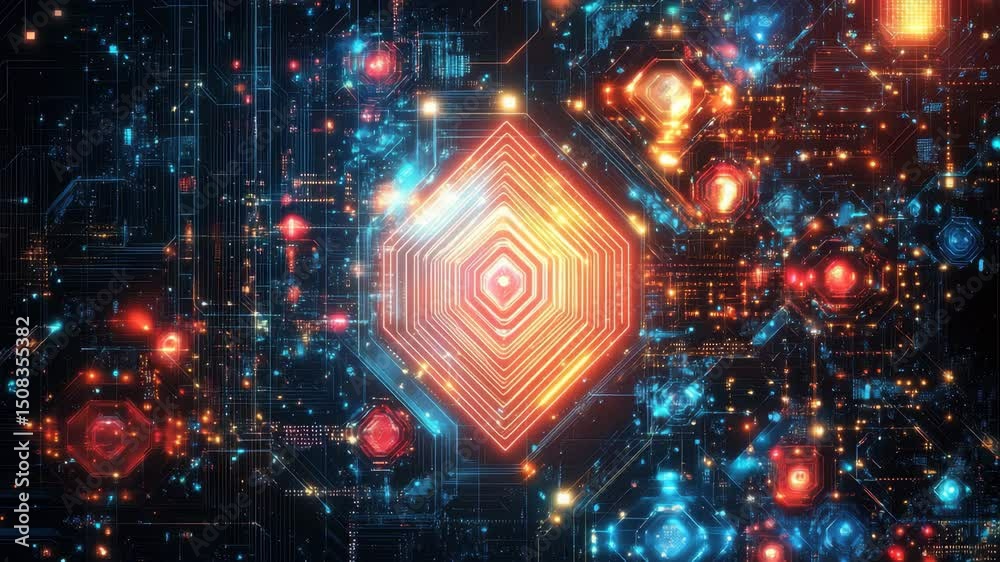 Complex hexagonal shapes create a vibrant abstract background with colorful lights and intricate patterns, abstract background of complex hexagonal shapes the concept of computer memory technology