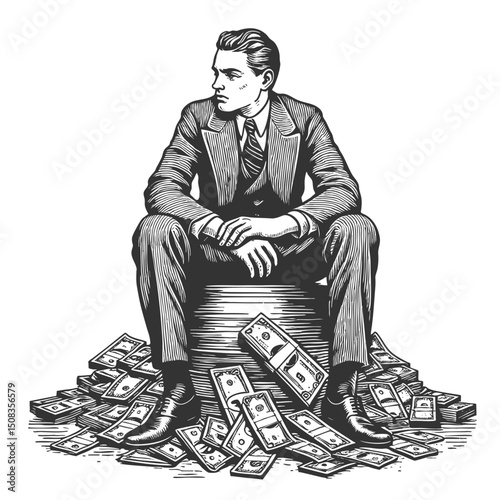 pensive businessman sitting atop stacks of cash, symbolizing wealth, greed, or reflective success sketch engraving generative ai vector illustration. Scratch board imitation. Black and white image.