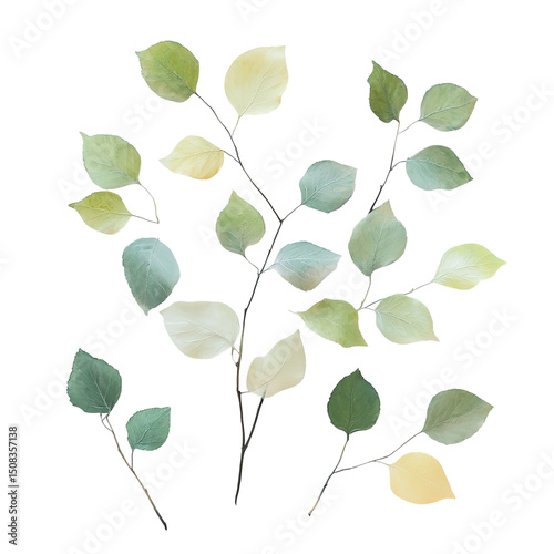 Watercolor leaves illustration green yellow botanical foliage design on black background art print on transparent background
