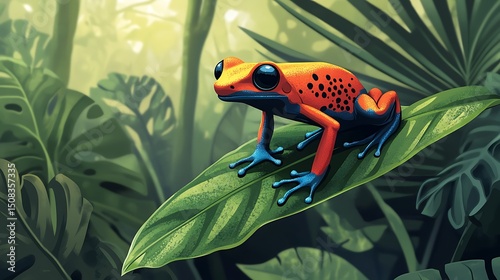 Vibrant tropical frog perched on a lush leaf.