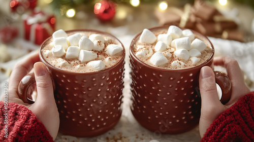 Two mugs of hot chocolate topped with marshmallows held in hands with christmas decorations behind